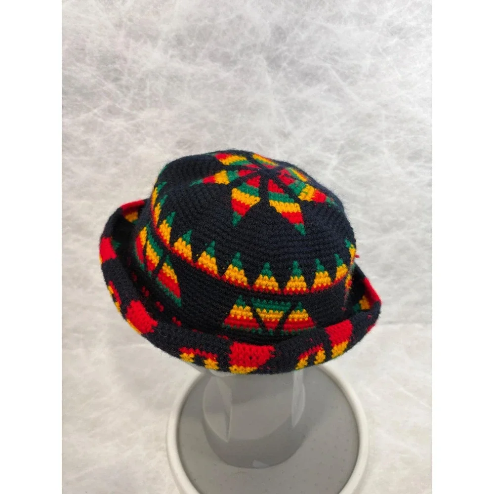 Vintage Handmade Rasta Crochet Bucket Hat Black Red Yellow Green‎ Geometric Star